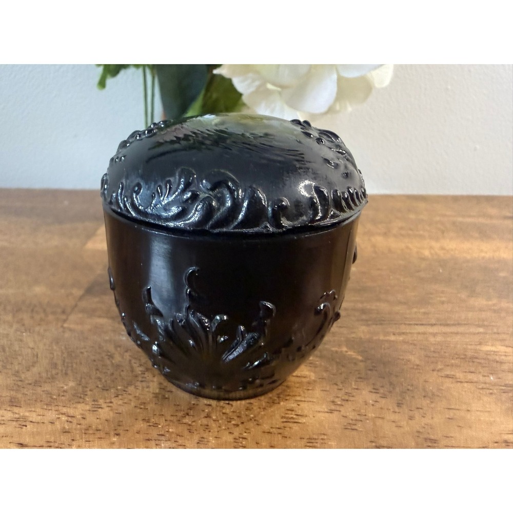 Vintage Black Amethyst Glass Powder Jar Floral Scroll Lidded Vanity Trinket